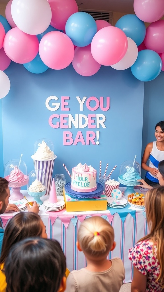 An ice cream gender reveal party with colorful ice cream, toppings, and decorations in pink and blue.